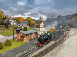 Dampflok im Bahnhof im Herbst