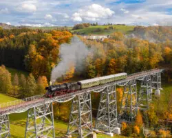 Dampflok auf Brücke im Herbst