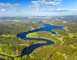 Stausee mit Flussschleifen in grünen Wäldern