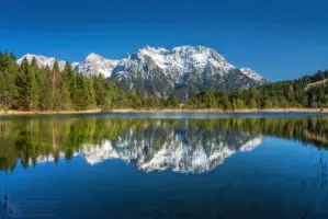 Spiegelung von Bergen im Wasser
